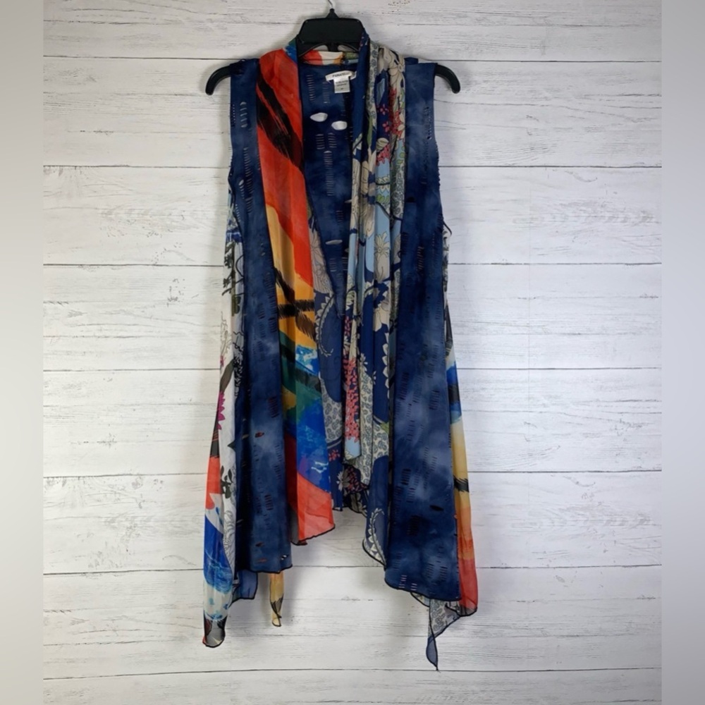 Feratelli chiffon women's Size M Blue Distressed asymmetrical floral Duster Vest